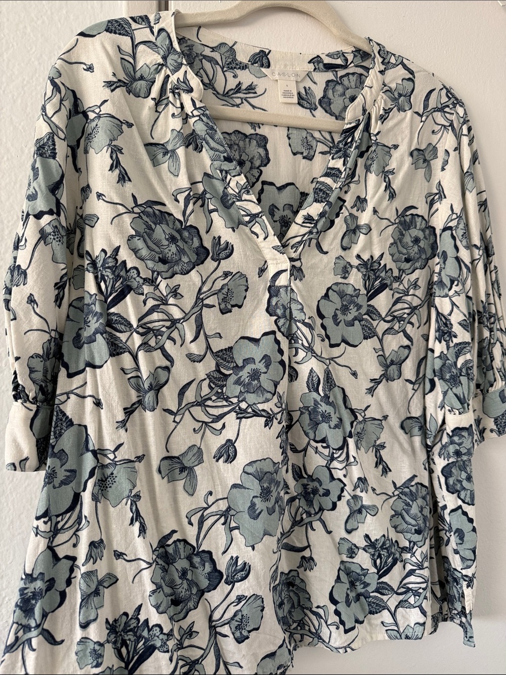 Caslon Cream Tunic with Blue Floral Print
